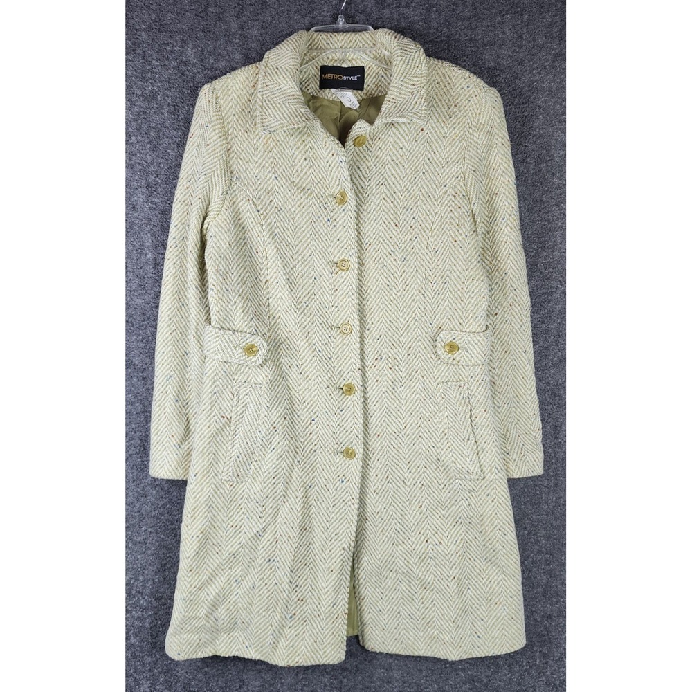 MetroStyle Coat Womens 12 Wool Blend Herringbone Green Multi EUC